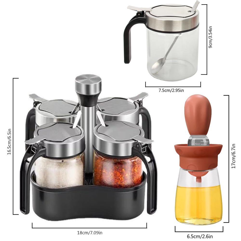 Macetas giratorias para condimentos, azucarero, salero y pimentero con tapa y cuchara, juego de 4 tarros de especias con bandeja giratoria de 360 grados para cocina, 3 ollas + 1 dispensador de
