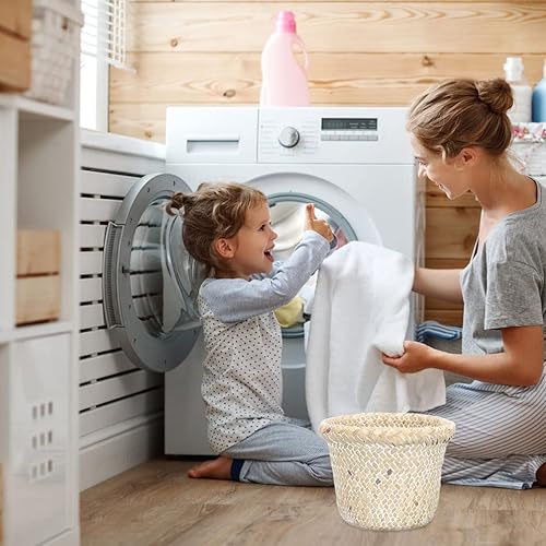 Miniatura 2 de Operitacx Cesta de almacenamiento tejida de ratán, versátil cesta de almacenamiento de papel y basura para dormitorio, baño u oficina, acabado marrón