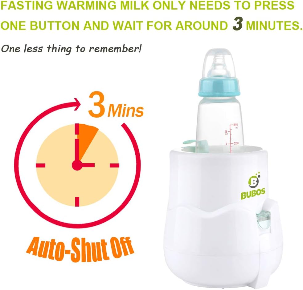 Bubos Smart Baby Bottle Warmer heating a bottle, with a clock showing 3 minutes and 'Auto-Shut Off' text.