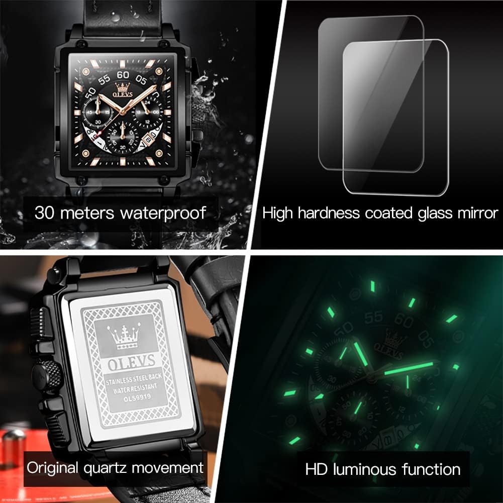 OLEVS Watches for Men Quartz Chronograph Leather Fashion Dress Watch Date Waterproof Luminous Casual Square Business Wrist Watches - Image 4