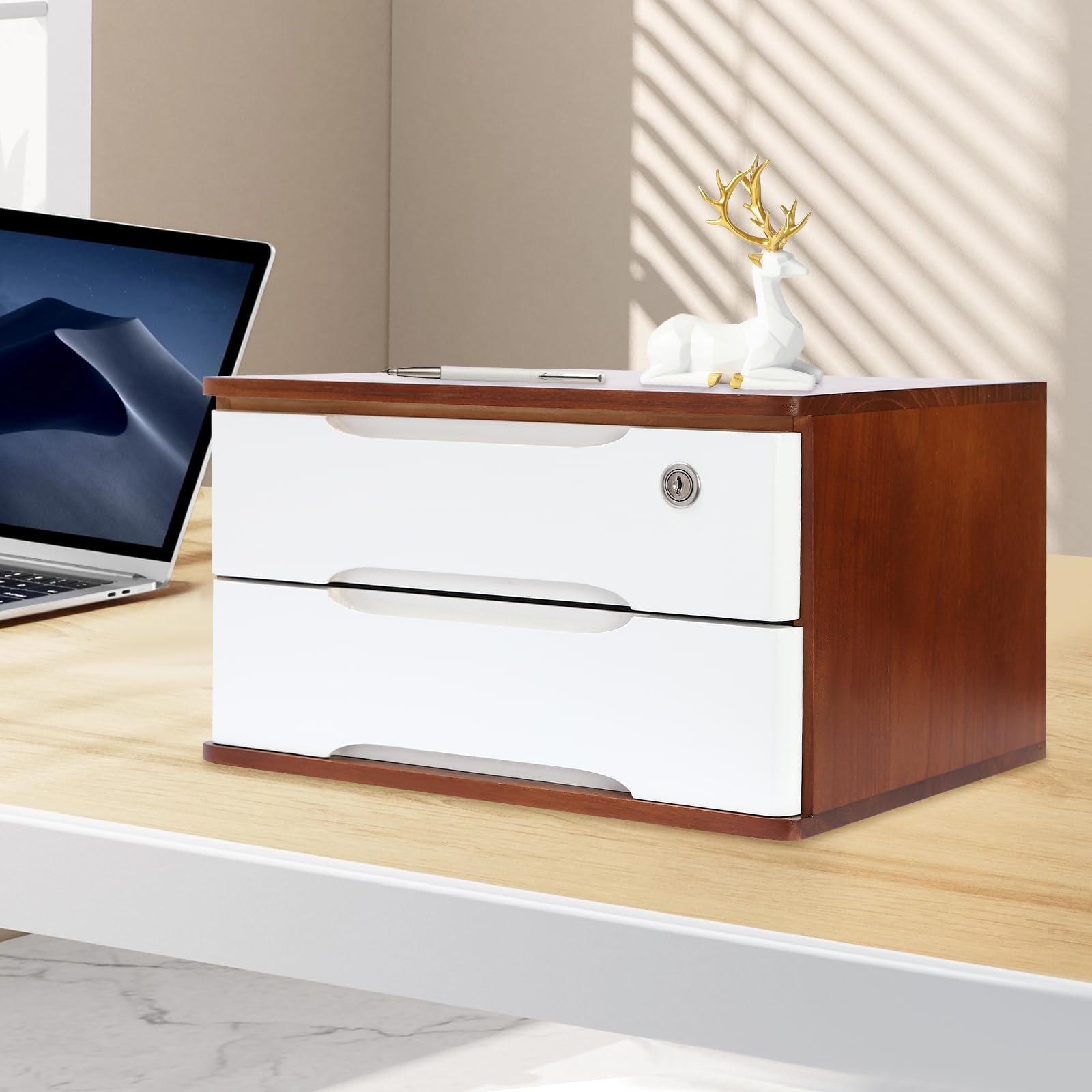 Organizador de Literatura de Madera con cajones y Cerradura, Armario de Almacenamiento de Escritorio, Organizador de cajones, Caja de Almacenamiento de Madera para Suministros del