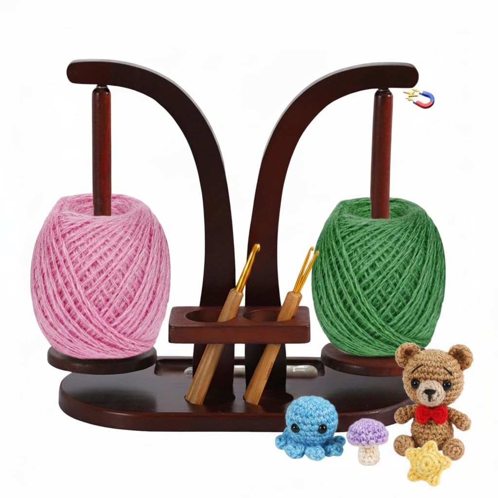 GAESHOW Wooden Yarn Holder for Crochet and Knitting, Magnetic Wool Holder, Double Yarn Ball Holder Stand, Detachable Yarn Spinner with Crochet Accessories Storage, Spinning Yarn Holder