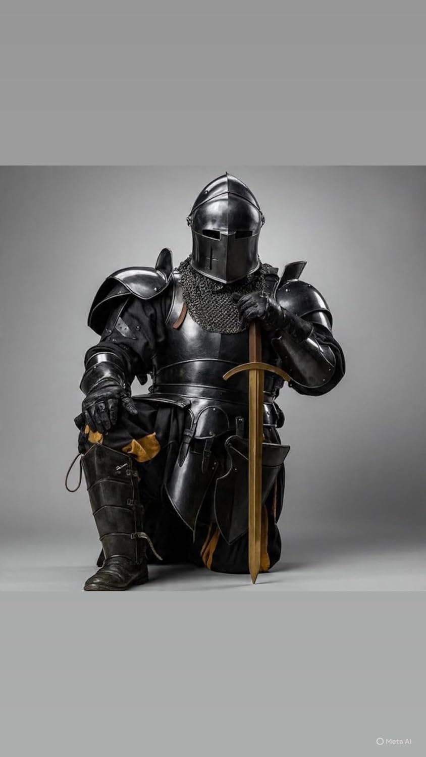 Medieval Knight Black Steel Armor Set for Adult – Handmade Black Finish Helmet, Cuirass, Shoulder Plates, Tassets, Greaves & Arm Guards