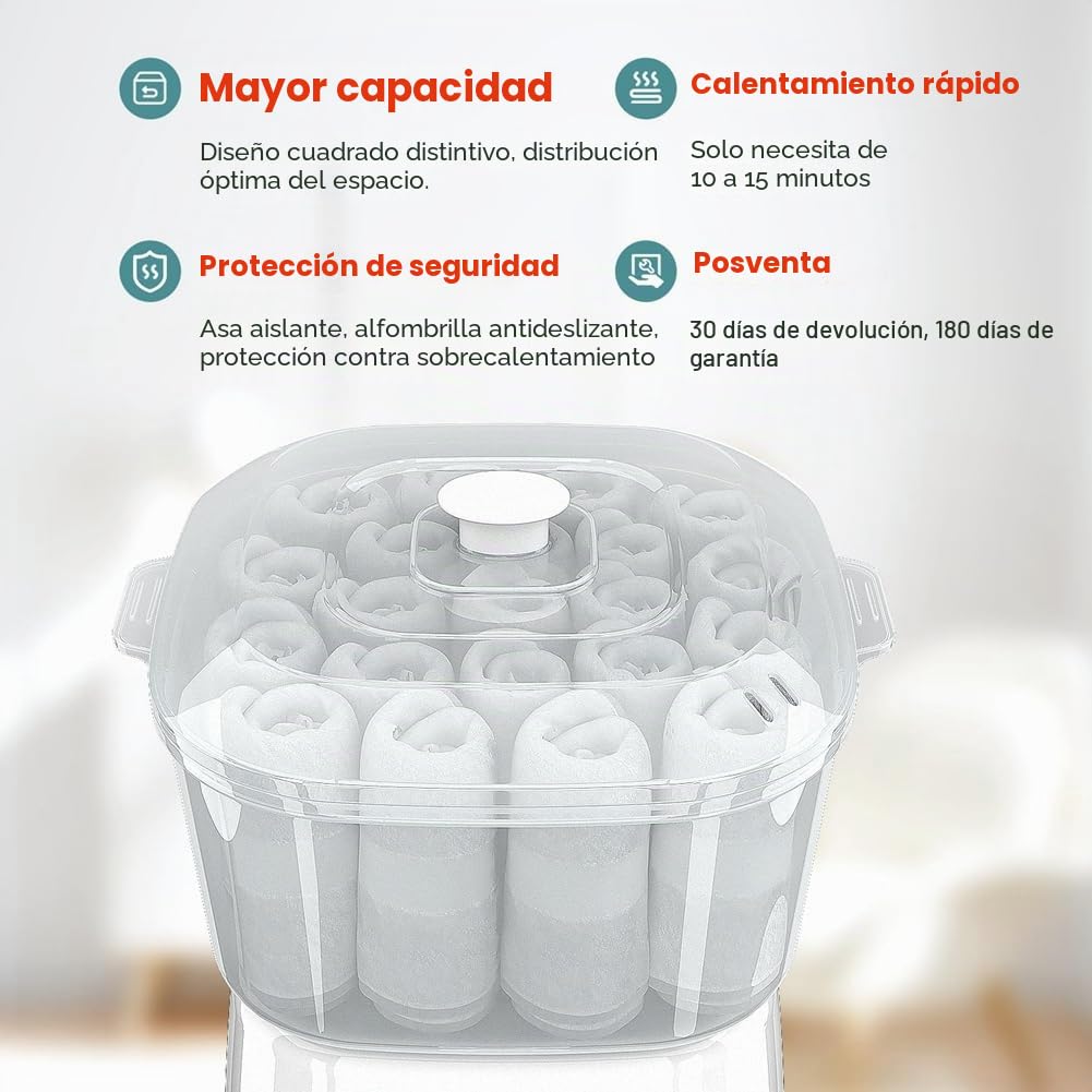 Calentador Toallas Caliente, Vaporizador Toallas Calentamiento Rápido para Tratamientos Faciales Contener 12 Mini Toallas Húmedas, Mini Calentador Toallas Portátil Enchufe Europeo