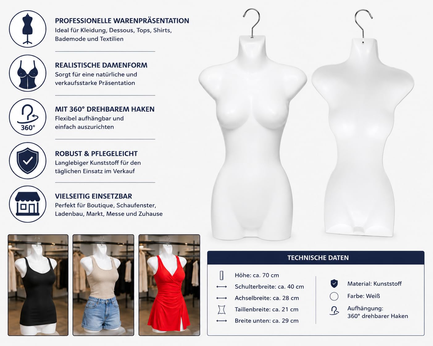 3er Set Torso Weiblich - 70 cm Damentorso aus Kunststoff - Oberkörper Halbplastik in Farbe weiß - Mannequin Büste - Halbplastischer Damenbody - Puppe Figur Kunststofftorso Schaufensterpuppe mit Haken