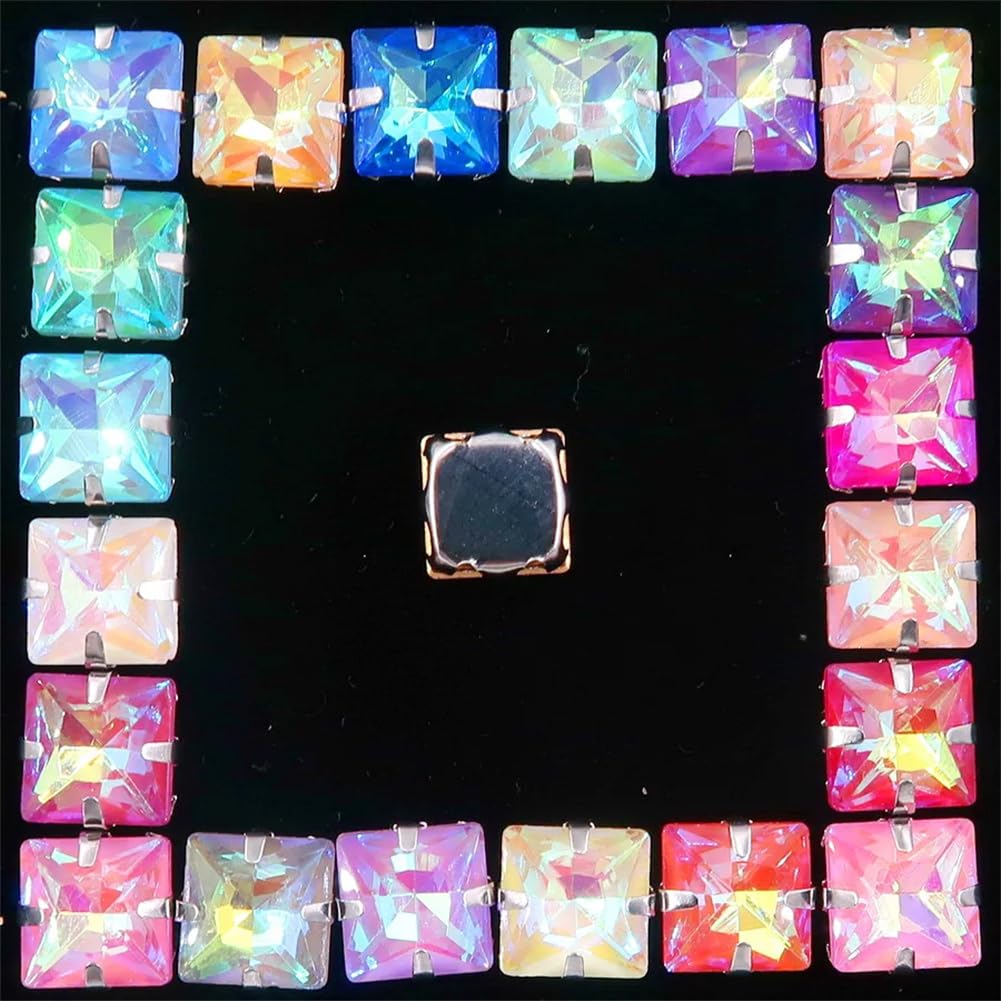 Cyrkonie 50 szt. 8 mm szyć na szklanych kryształkach | Koraliki z kryształu górskiego w kształcie kwadratu, w kolorze srebrnym, metalowym(8mm 50pcs A36 Champagne AB)