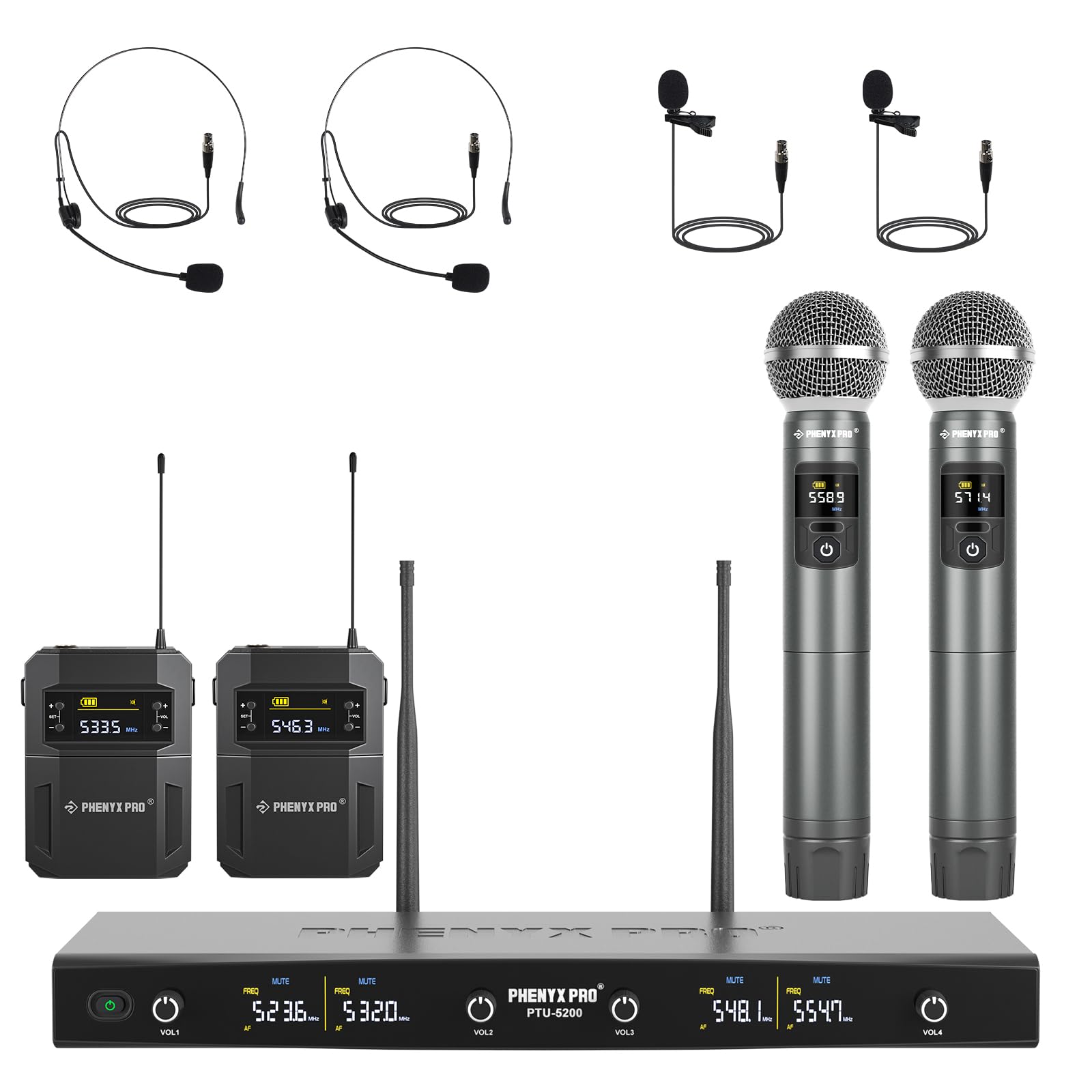 Wireless Microphone System, 4-Channel Wireless Mic Set with Handheld/Bodypack/Headset/Lapel Mics, Cordless Microphone for Singing, Karaoke, Church (PTU-5200-2H2B)