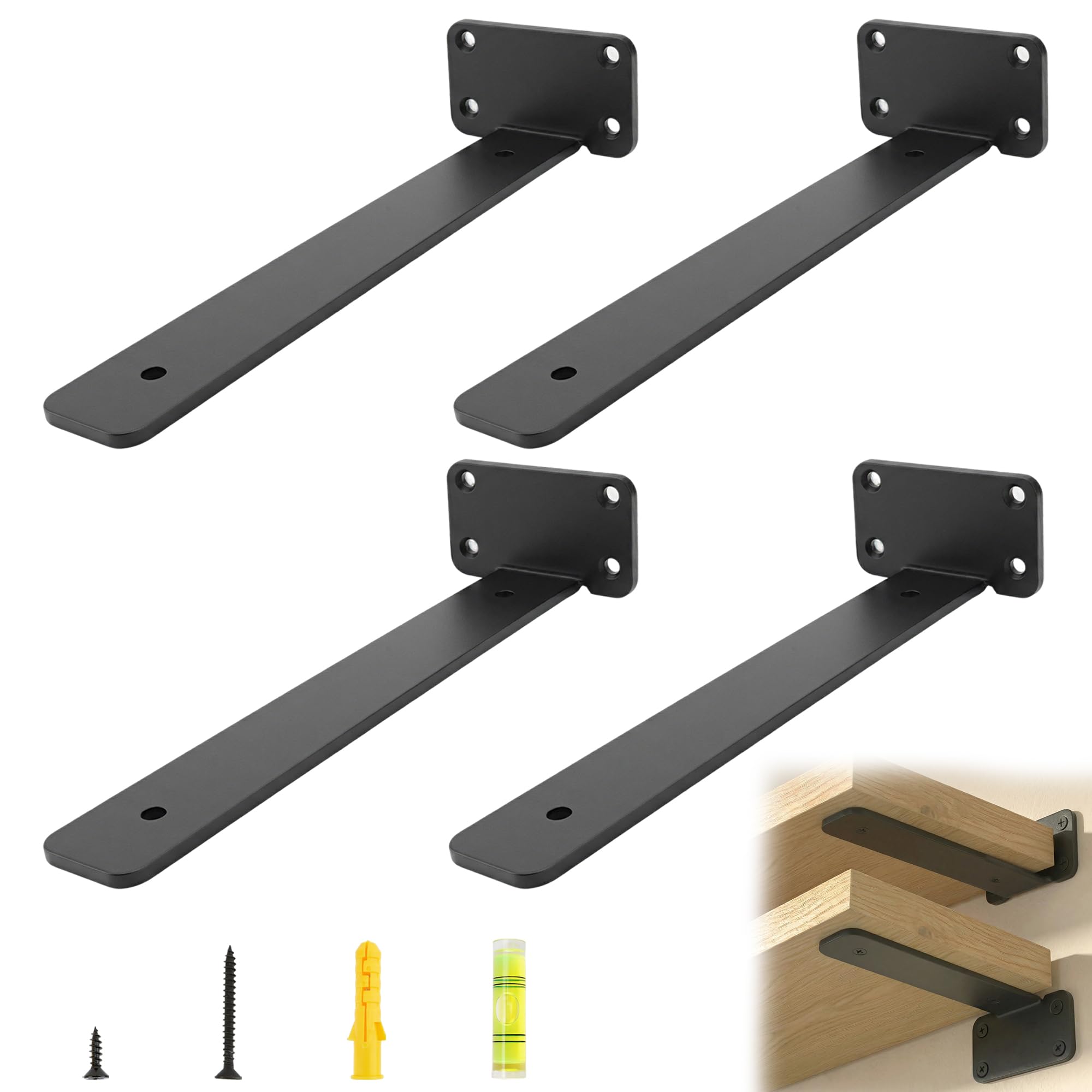 ERMWALR 4Pcs Heavy Duty Shelf Brackets 20cm,Scaffold Board Shelf Brackets,Black Wall Mounted L Shape Hidden Bracket with Screws Cold Rolled Steel Floating Shelving Supports for Kitchen Living Room