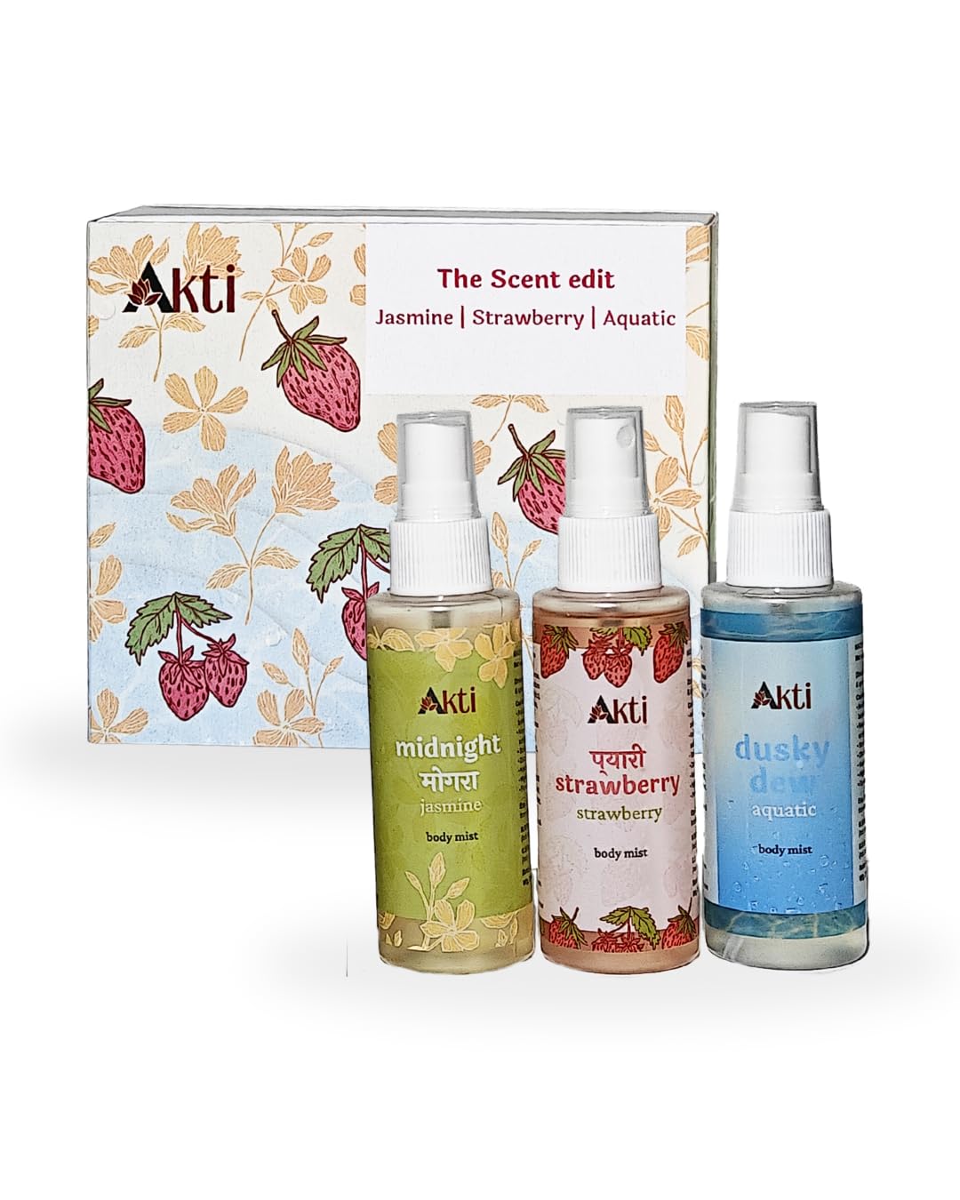 Akti The Scent Edit - Body Mist Combo Pack (3 x 50ml) – Pyaari Strawberry, Dusky Dew & Midnight Mogra | Long-Lasting Fragrances | Gift Set for Women-image-42