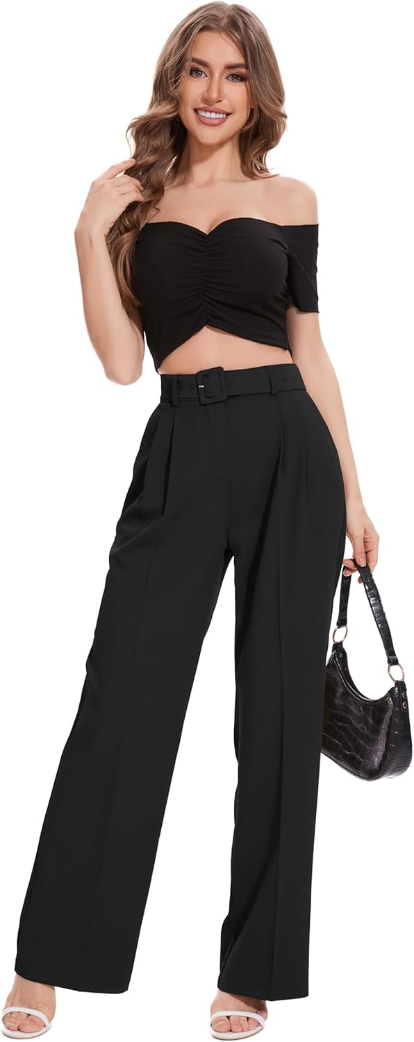 FUNYYZO Women Dress Office Pant High Waist Wide Leg Slacks Business Work Casual Long Belted Trousers 2026 - Image 2