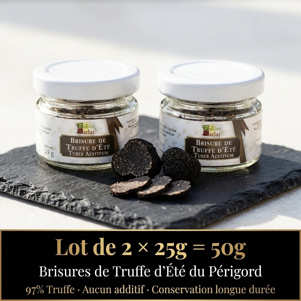 Cellier du Périgord - Brisures de Truffe d'Été Tuber Aestivum Lot de 2 Bocaux x 25g soit 50g - 97% Truffe - Parfum Noisette - Pâtes Risottos Œufs Sauces - Conserve Artisanale Périgord Sarlat 1973