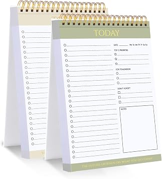 Thboxes 2 Pack A5 To Do List Notepad, Undated Spiral Daily Planner | 52 Sheets/104 Pages Per Pad, Protective PVC Cover, Easy Tear-Off Page, Checklist Layout for Work, School and Home
