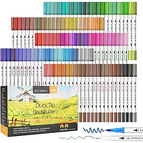GC QUILL 120 Colors Dual Brush Pens Art Markers, Fine and Brush Tip Markers for Adult Coloring Lettering Painting - MU-120 Cover