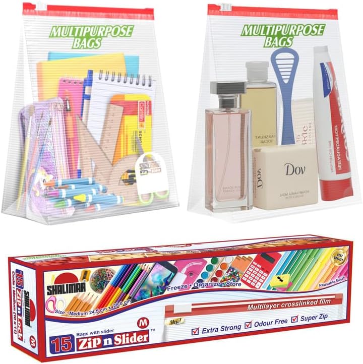 Shalimar Zip 'N' Lock Reusable Slider Bag Size (Medium) Zip Lock Bag/Vegetable Bag/Freeze Bag/MultiPurpose Storage Bag Pack of 1 (15 Bags) Color Natural