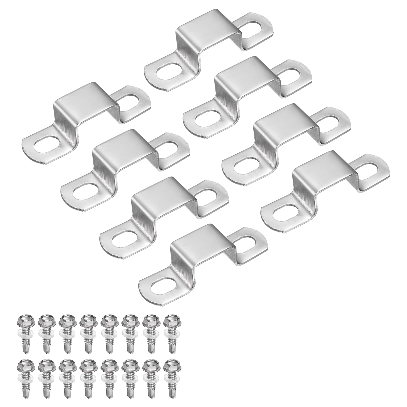 sourcing map 8set U Shaped Connector Bracket 20x15mm 304 Stainless Steel Square Pipe Clamp with Self Tapping Screw Square Tube Buckle for Pipe Hose Cable Automotive Parts, Silver