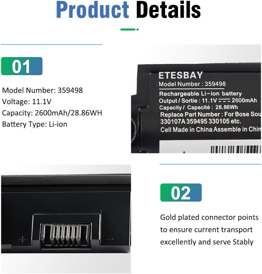 359498 Battery Compatible Soundlink Wireless Speaker II III, Fits 359498 330107 330107A 359495 330105 404600 11.1V 2600mAh/28.86WH
