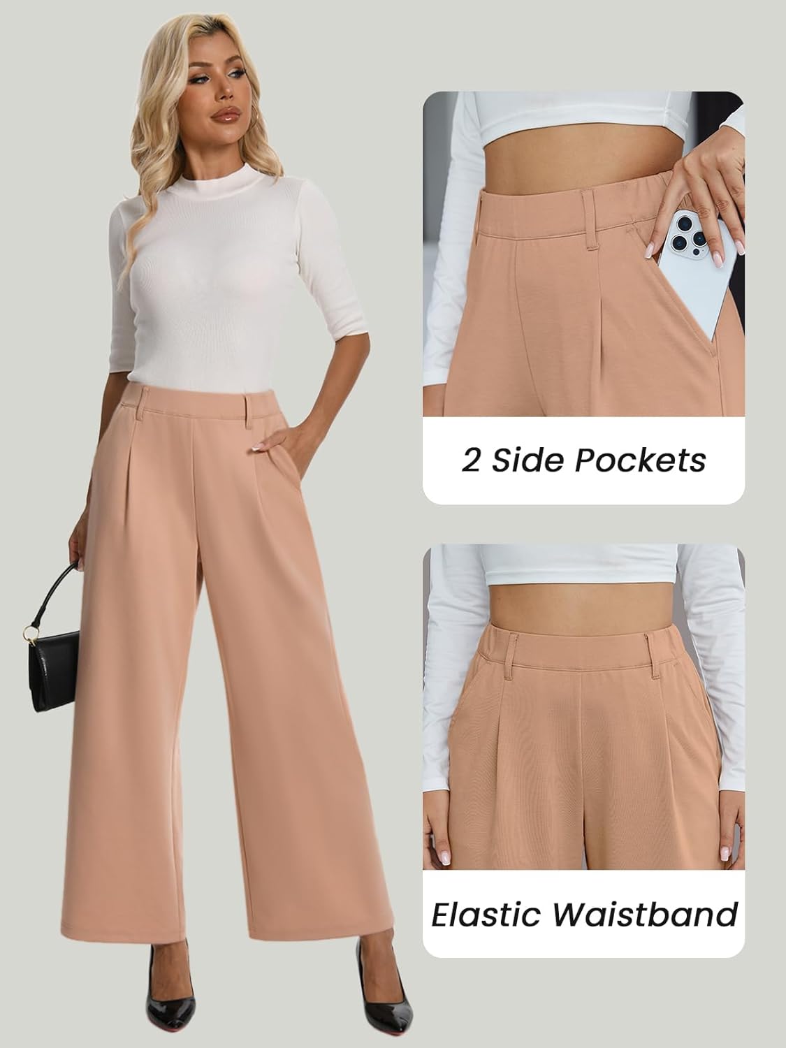 Womens Dress Wide Leg Pants Pull On Stretchy Work Pants High Waisted Business Causal Palazzos Trousers with Pockets - Image 4