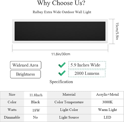 Miniatura 6 de Ralbay Lámpara de pared para exteriores de 11.8 pulgadas, aplique de pared exterior LED negro, IP65, impermeable, 3000 K, iluminación de montaje en