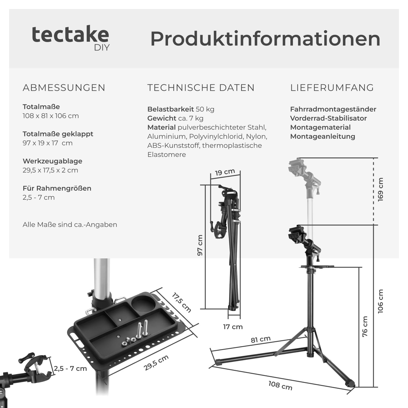 tectake® Fahrrad Montageständer, Belastbarkeit 50kg, Reparaturständer für e Bike, Rennrad, Bike Stand zur Fahrrad Reinigung, Pflege, klappbar, höhenverstellbar, drehbar, magnetische Werkzeugablage