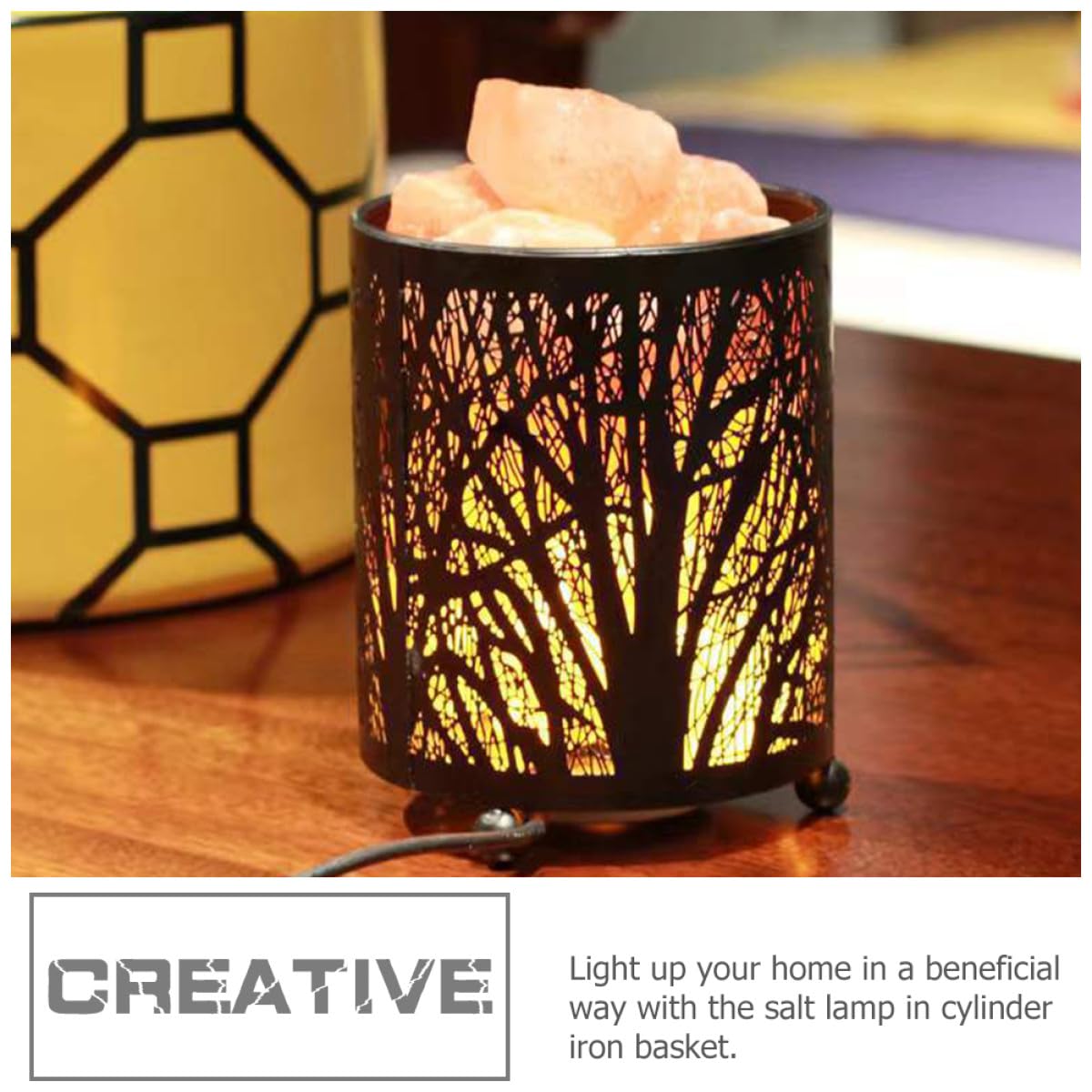 Veilleuse Lampe de Chevet Décorative en Sel, Fer Noir, avec Ampoules