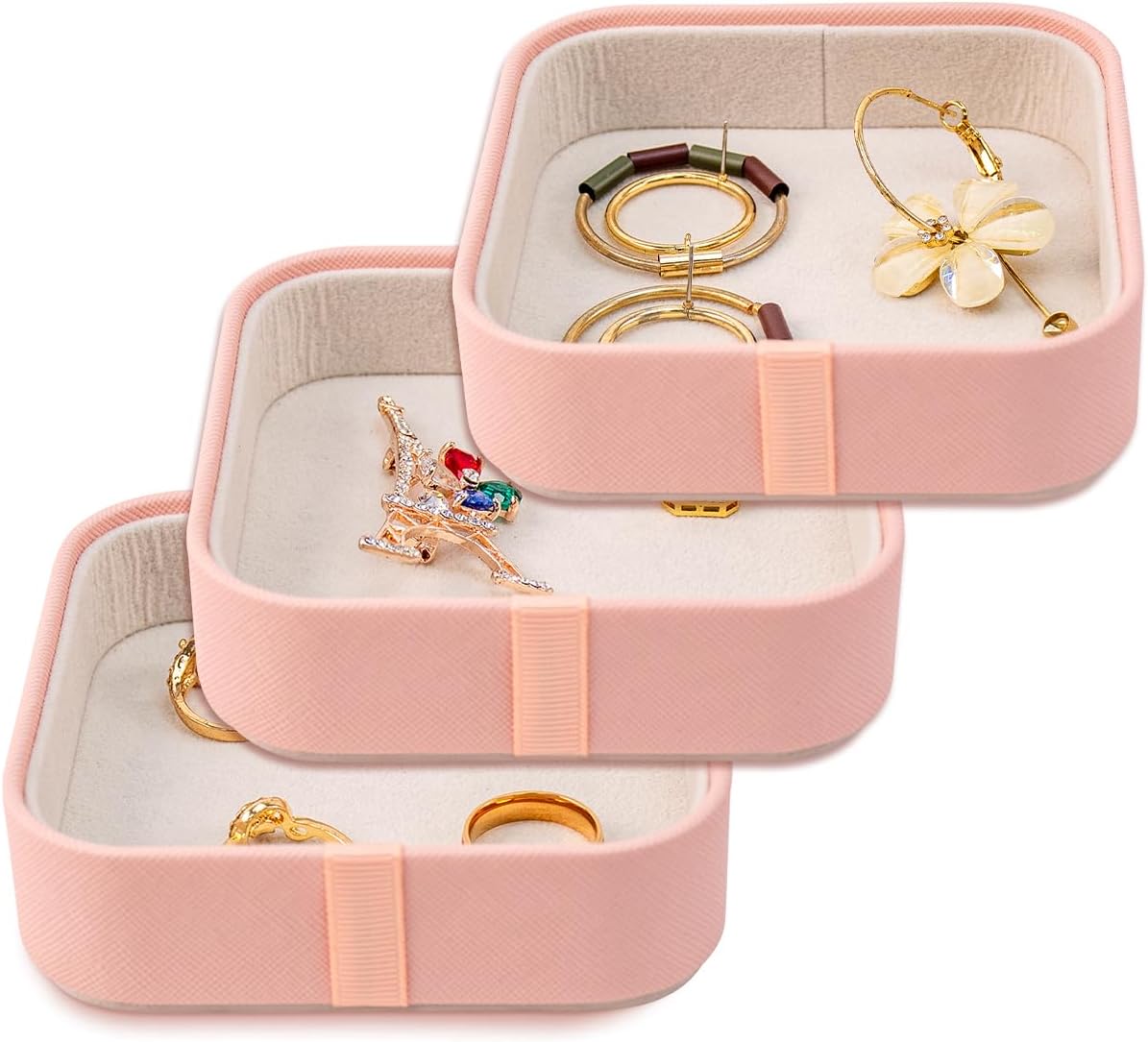 SANQIANWAN Set of 3 Small Stackable Jewelry Organizer Trays Mini Jewelry Drawer Oragnizer Small Jewelry Display Tray for Necklace Bracelet Rings Earrings and Makeup (LightPink)