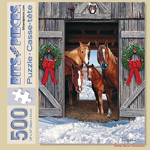 Bits and Pieces – Horse Barn Christmas Jigsaw Puzzle for Adults – Winter Holiday Farm Scene Puzzle by Artist Russell Cobane – Festive Horse Barn (500 Piece Puzzle 18' x 24')
