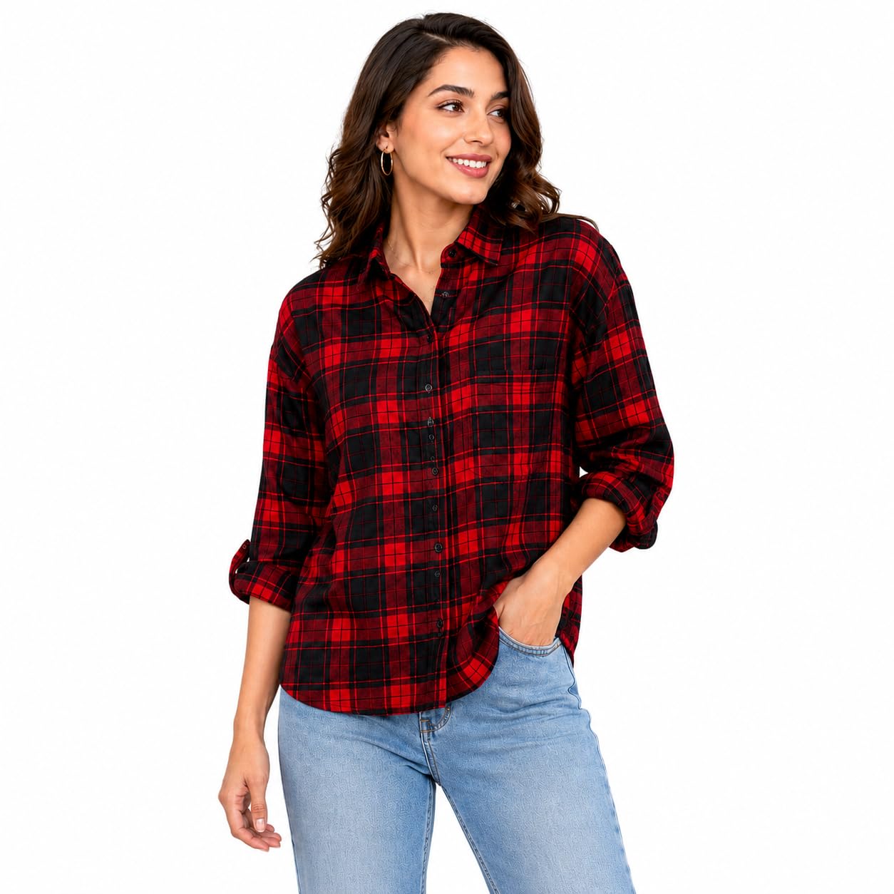 Women's Red & Black Plaid Flannel Shirt,-picture-51