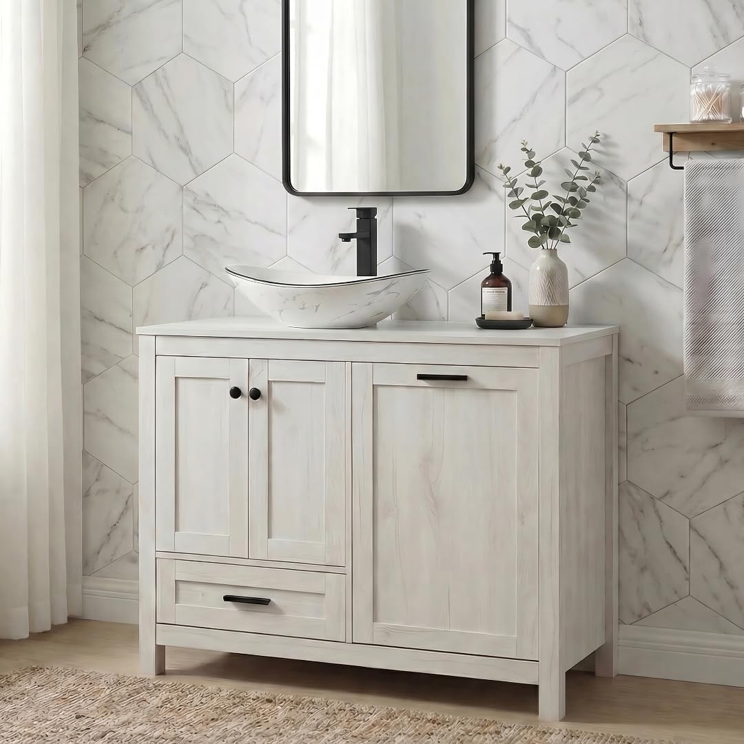 42" Bathroom Vanity Cabinet with Removable Laundry Hamper, Modern Standing Pedestal Cabinet with White Marble Sink