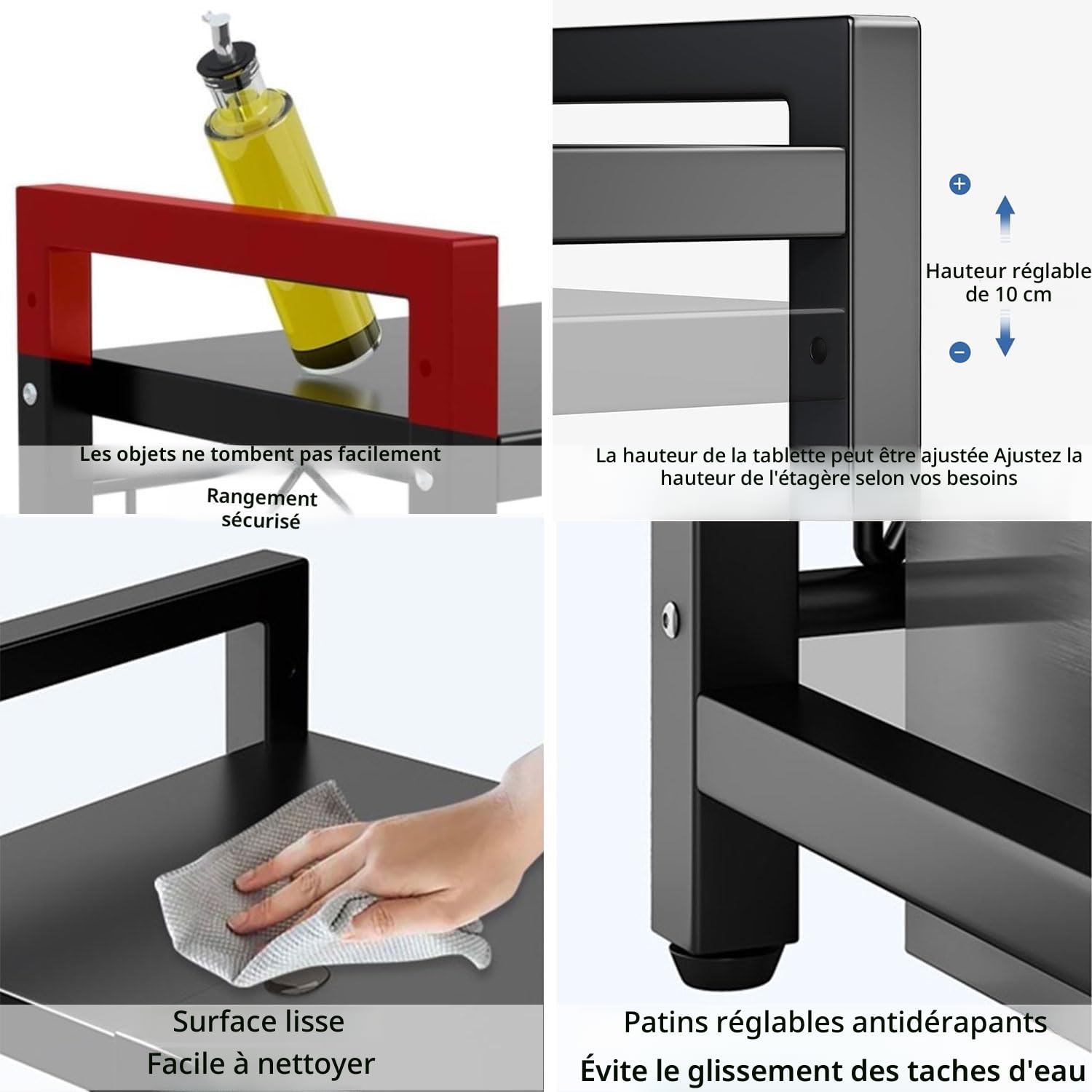 devesanter Étagère extensible pour micro-ondes Plan de travail à 3 niveaux Avec 5 crochets Étagère de cuisine Étagère à épices Étagère à micro-ondes Organiseur pour cuisi
