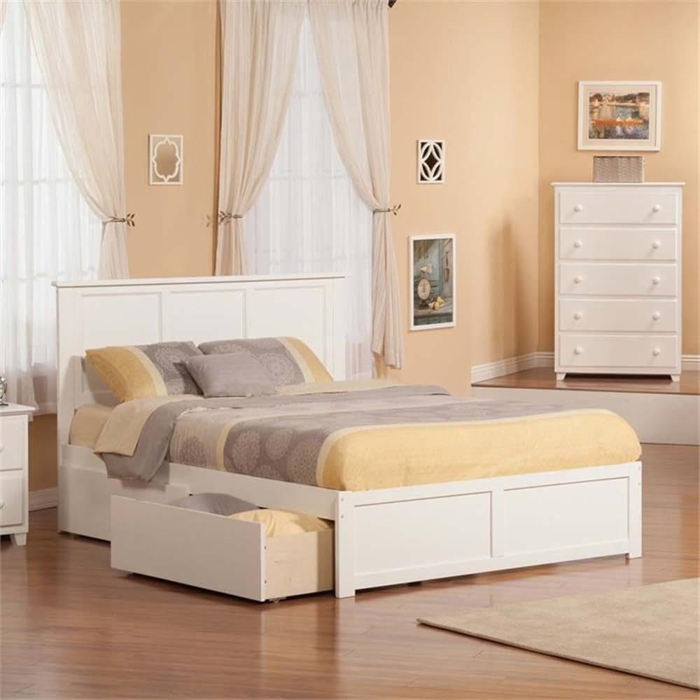 Pemberly Row Farmhouse Solid Wood King Storage Platform Bed, White Finish, Sturdy Frame, Panel Headboard, 2 Underbed Drawers, No Box Spring Needed, Bedroom Furniture for Comfort and