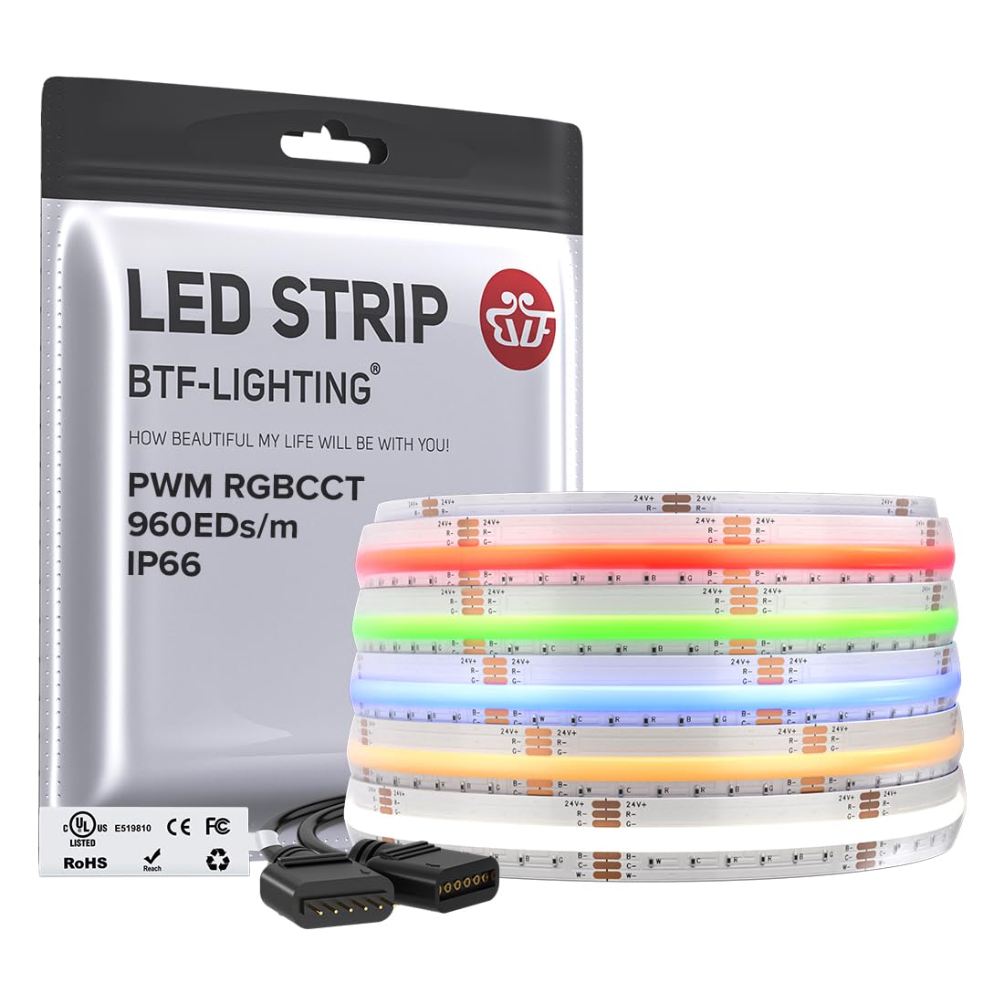 BTF-LIGHTING FCOB COB RGBCCT LED Strip UL Listed 5M 960LEDs/m Color Changing Flexible High Density Light RGB+CCT Tunable 3000K-6000K DC24V 12mm Width IP66 for Indoor Decor(No Adapter or Controller)