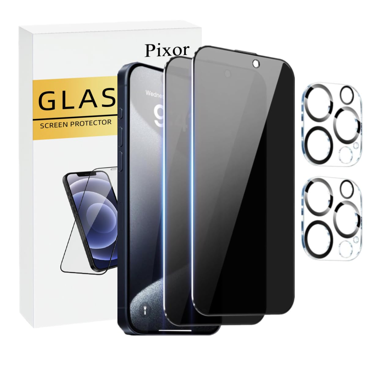 Pixor 2 Pack Privacy Screen Protector and 2 Pack Camera Lens Protector for iPhone 16 Pro (6.3-inch). 4K HD Screen Protector and Case Friendly Camera