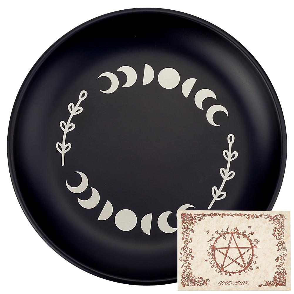 CREATCABIN Phase Moon Altar Plate Jewelry Dish Ritual Flat Bowl Round Prayer Tray Offering Bowl Dish Black Candle Holder with Divination Card for Meditation Incense Sticks Dowsing 5.55Inch