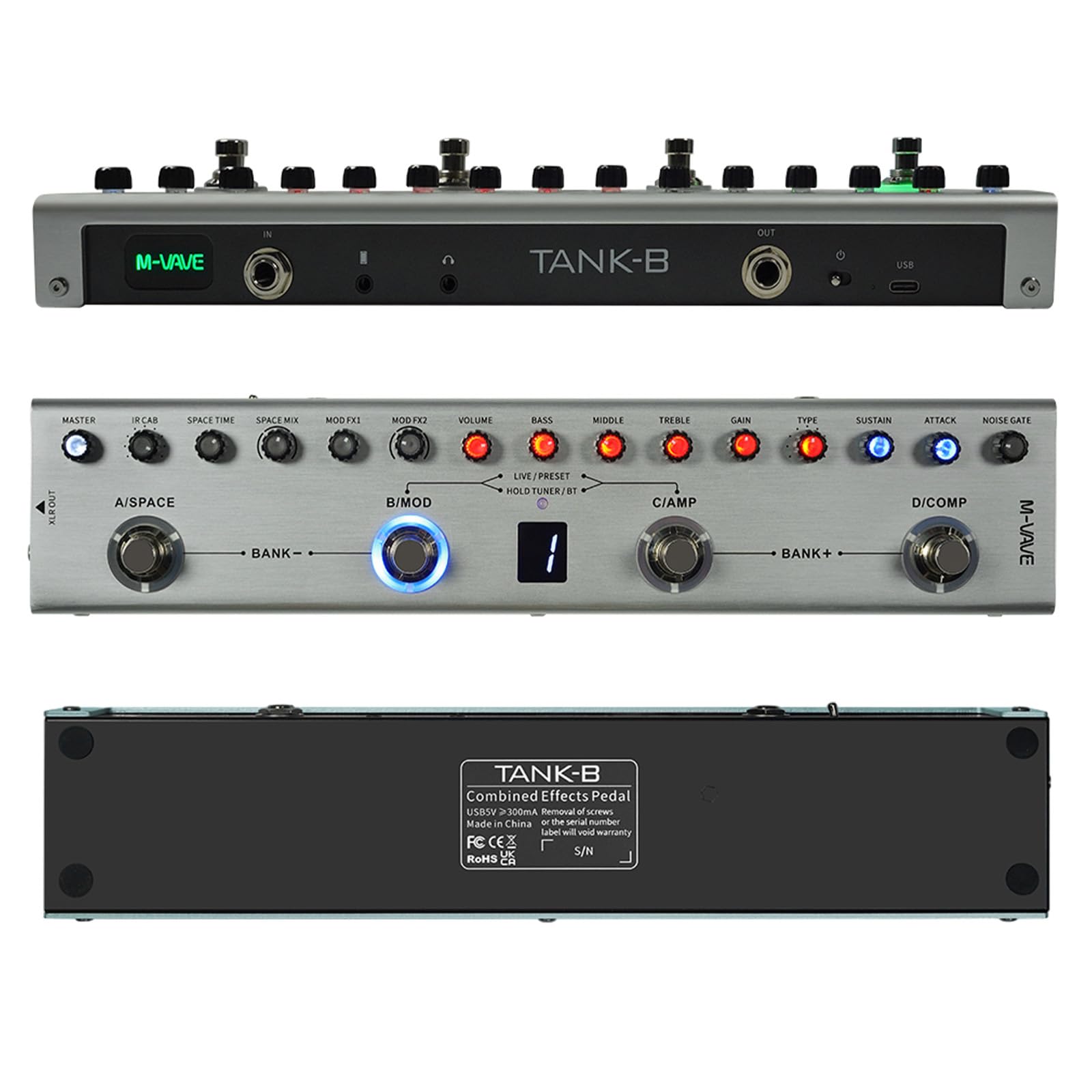effecteur,HUIOP Pédale multi-effets pour basse, égaliseurs à 3 bandes, sortie symétrique XLR, 3 retards, 3 réverbérations, pédale d'effets pour basse, connexion BT, type-C, rechargeable pour basse éle