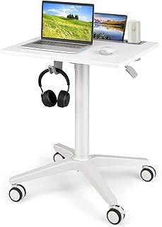 COSTWAY Height Adjustable Standing Desk, Mobile Sit Stand Computer Desk with Tablet Holder, Cup Holder and Hanging Hook, Overbed PC Laptop Table Study Writing Workstation for Home Office, White