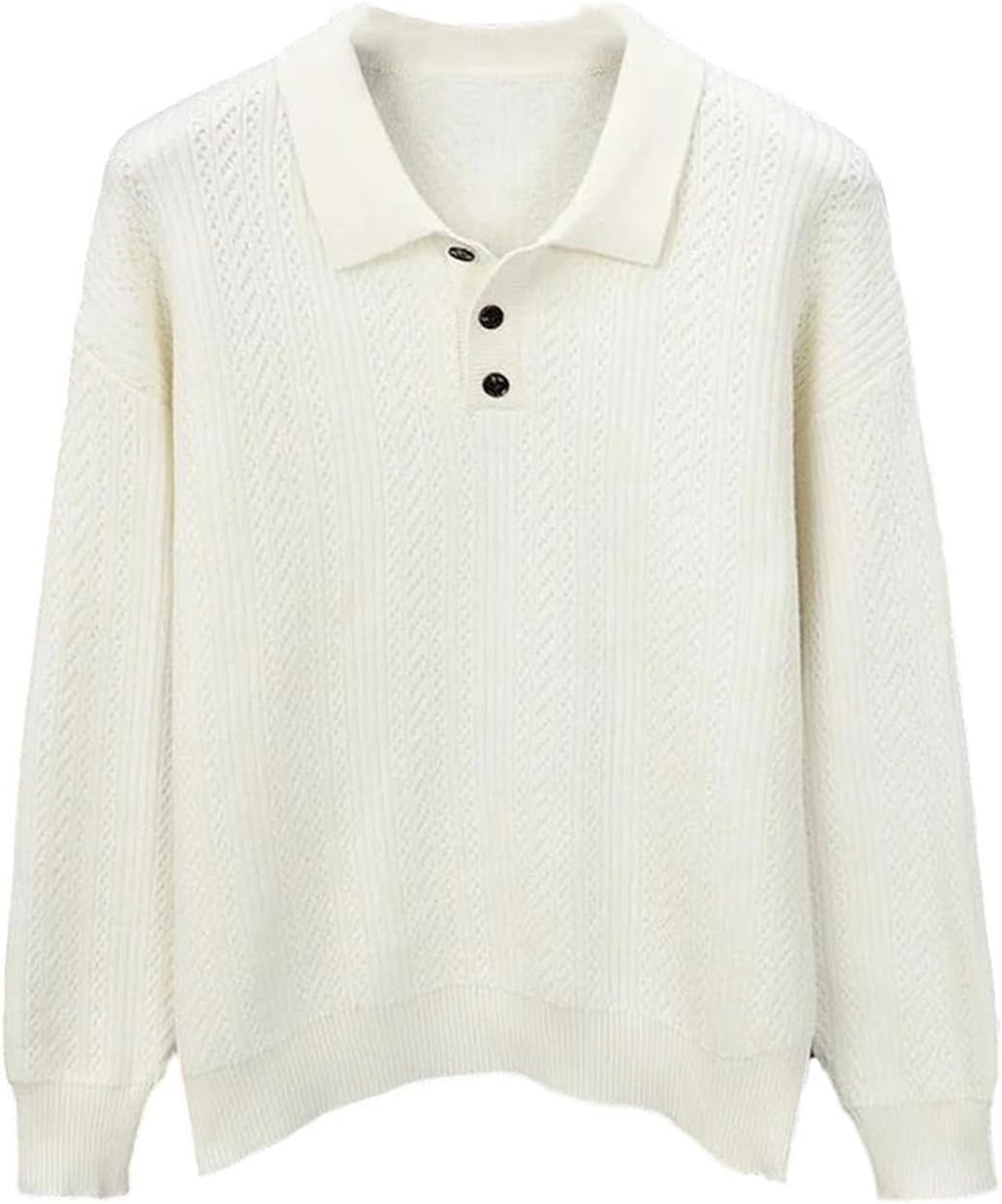 Men's Textured Knit Polo Sweaters Long Sleeve Pullover Turndown Collar Anti Pilling Fabric for Business Casual Wear