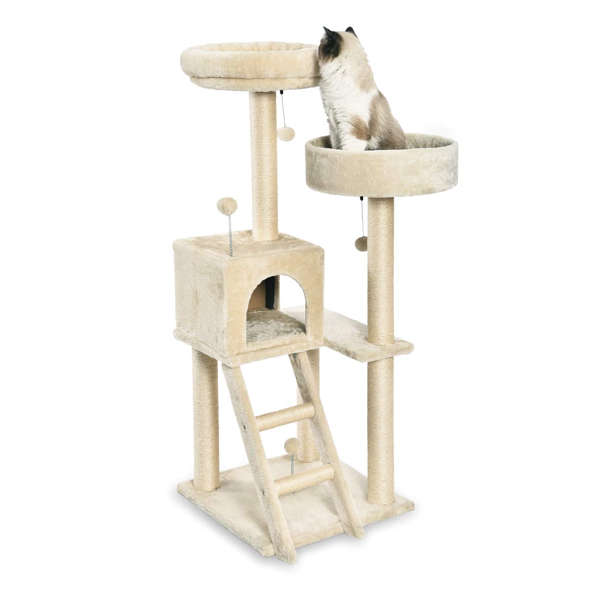 Amazon Basics, Tiragraffi per Gatti, Grande, con due Piattaforme e Casetta, Altezza 127 cm, a Più Livelli, Beige