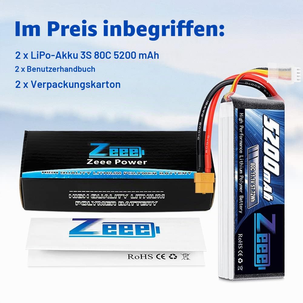 Zeee 3S LiPo Akku 5200mAh 11,1V 80C mit XT60 Steck(2 Packungen) | RC Batterie für RC Auto, RC Flugzeug, RC Hubschrauber, RC Hobby