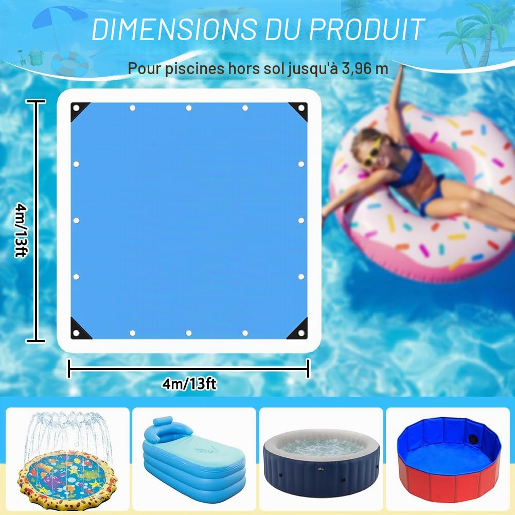 Roadtime Bâche de sol de piscine, 120 g/m², épaisse, carrée, avec 4 crochets et corde en nylon de 20 m, avec trous, bâche imperméable et indéchirable (4 x 4 m, bleu)