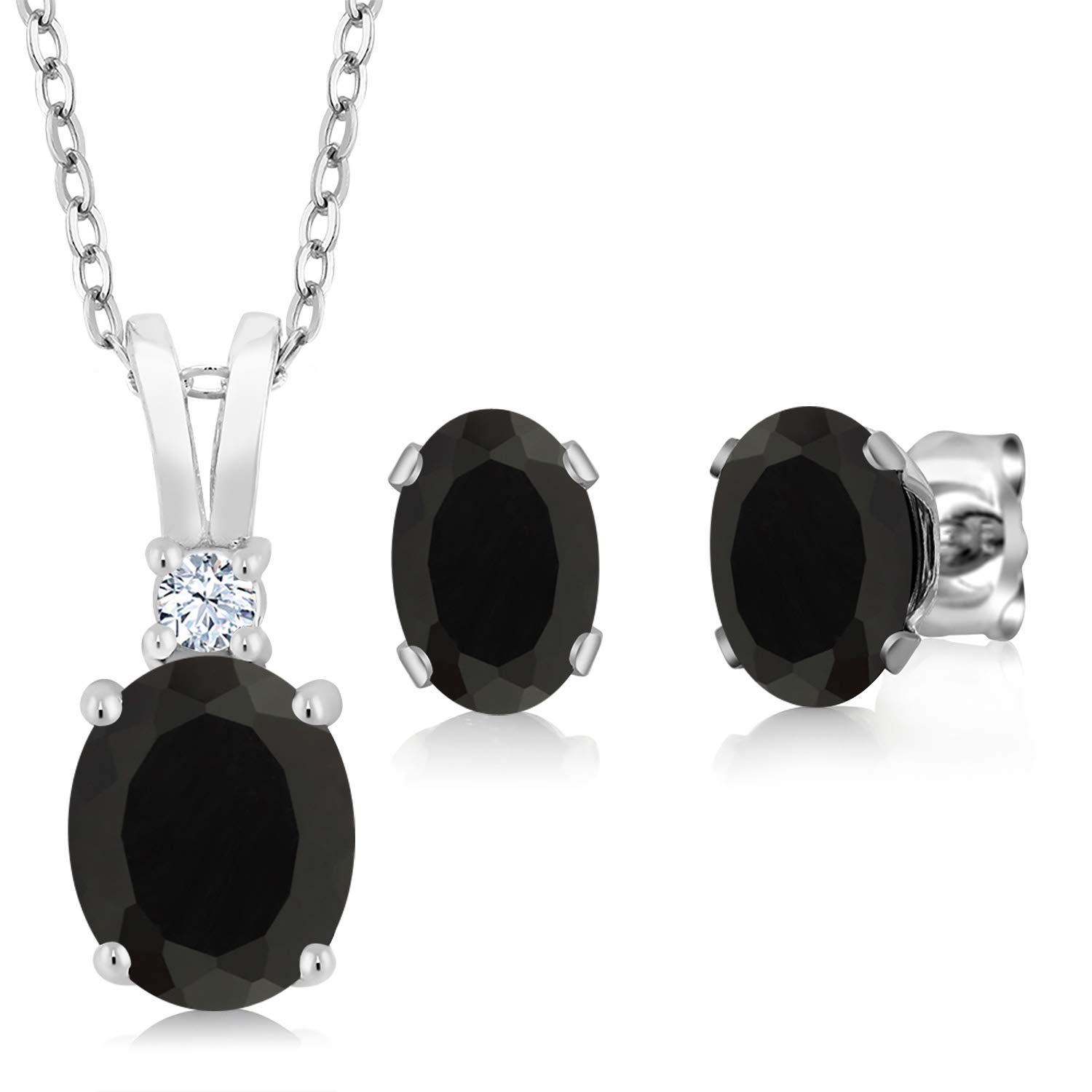 Gem Stone King 925 Sterling Silver Oval Black Onyx Pendant and Earrings Jewelry Set For Women (3.05 Cttw, Gemstone Birthstone, with 18 Inch Silver