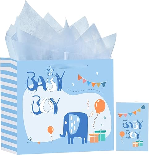 Powbrace Bolsa de regalo para bebé con papel de seda y tarjeta de felicitación para cumpleaños, fiesta, bolsa de regalo para bebé, bolsas de regalo
