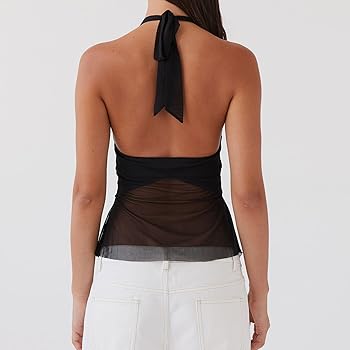 Women Split Front Flowy Halter Top Cowl Neck Deep V Neck