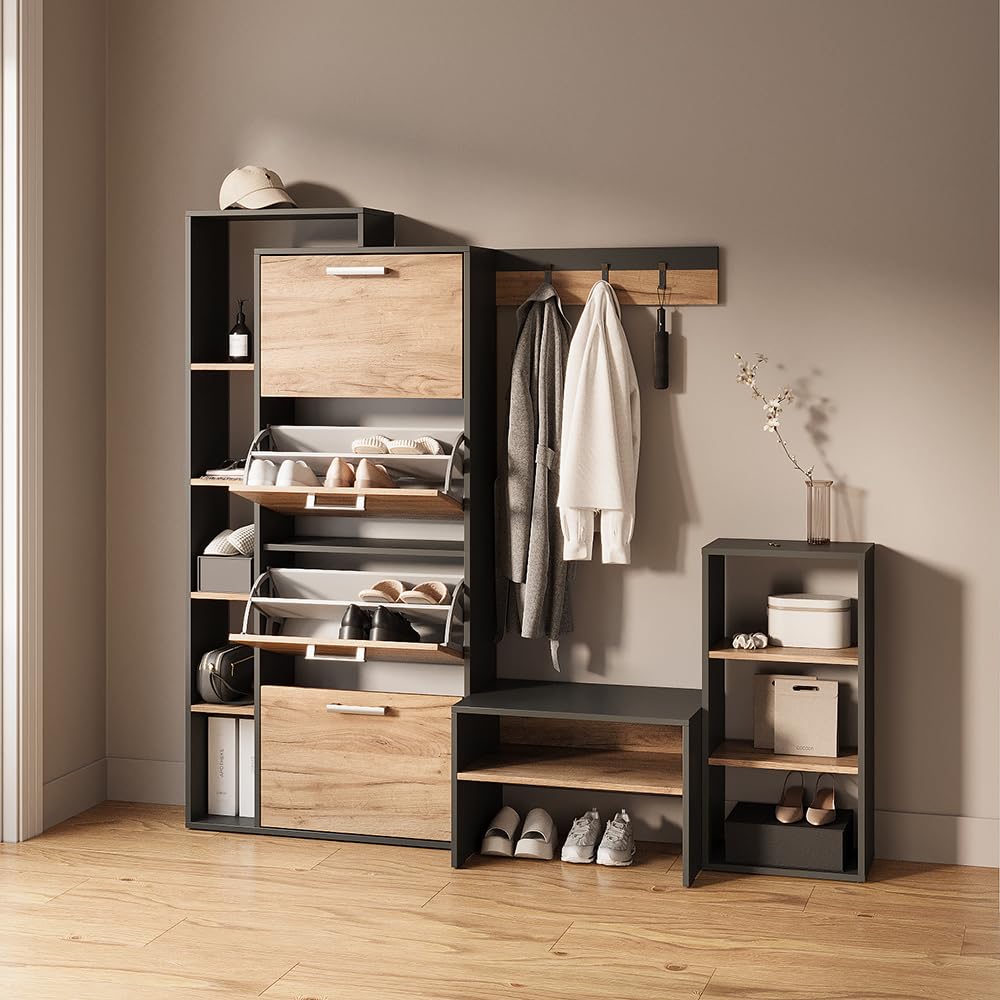 Livinity Zapatero Ortello, Oro power roble/antracita, 80 x 166.1 cm con 4 compartimentos