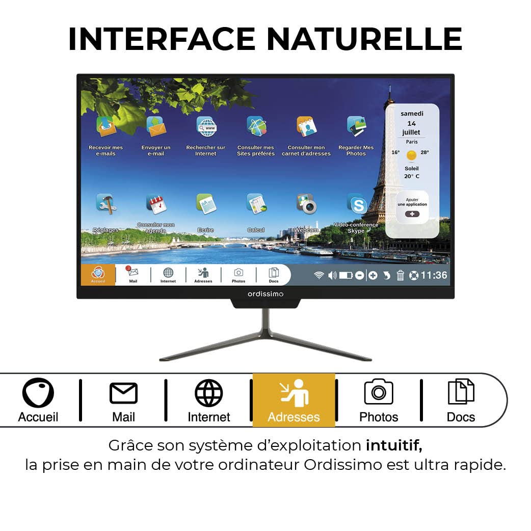 ORDISSIMO - Ordinateur de Bureau Tout-En-Un Clara 2 Idéal Senior - Ordi Fixe Facile à Utiliser - Grand Écran Plat - Interface Intuitive, Clavier Simplifié, Souris Sans Fil, Antivirus, Ports USB - Noir