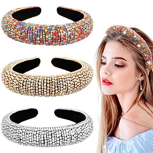3 Pieces Rhinestone Crystal Diamond Headband Wide Velvet Padded Hairbands Hair Party Wedding Headwear Accessories for Women Girls (Gold, Silver, Rainbow)