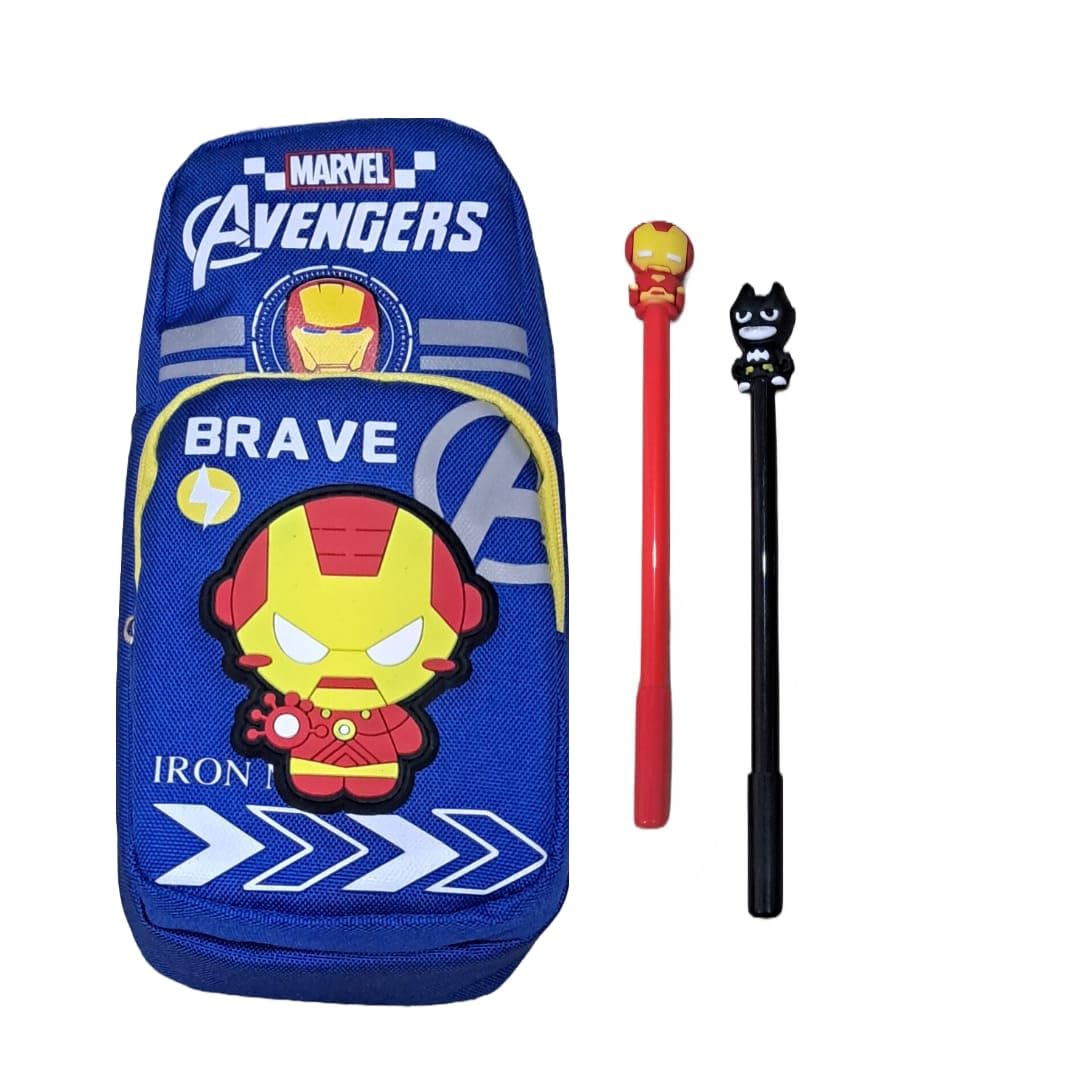 3D Embossed Avengers Brave Pencil Pouch with 2 Pen with 2 Compartment for Kids|smiggle Pencil Pouch for Kids| Geometry Box Pencil Case Best Return Gift for Kids(Iron Pouch+2 Pen)
