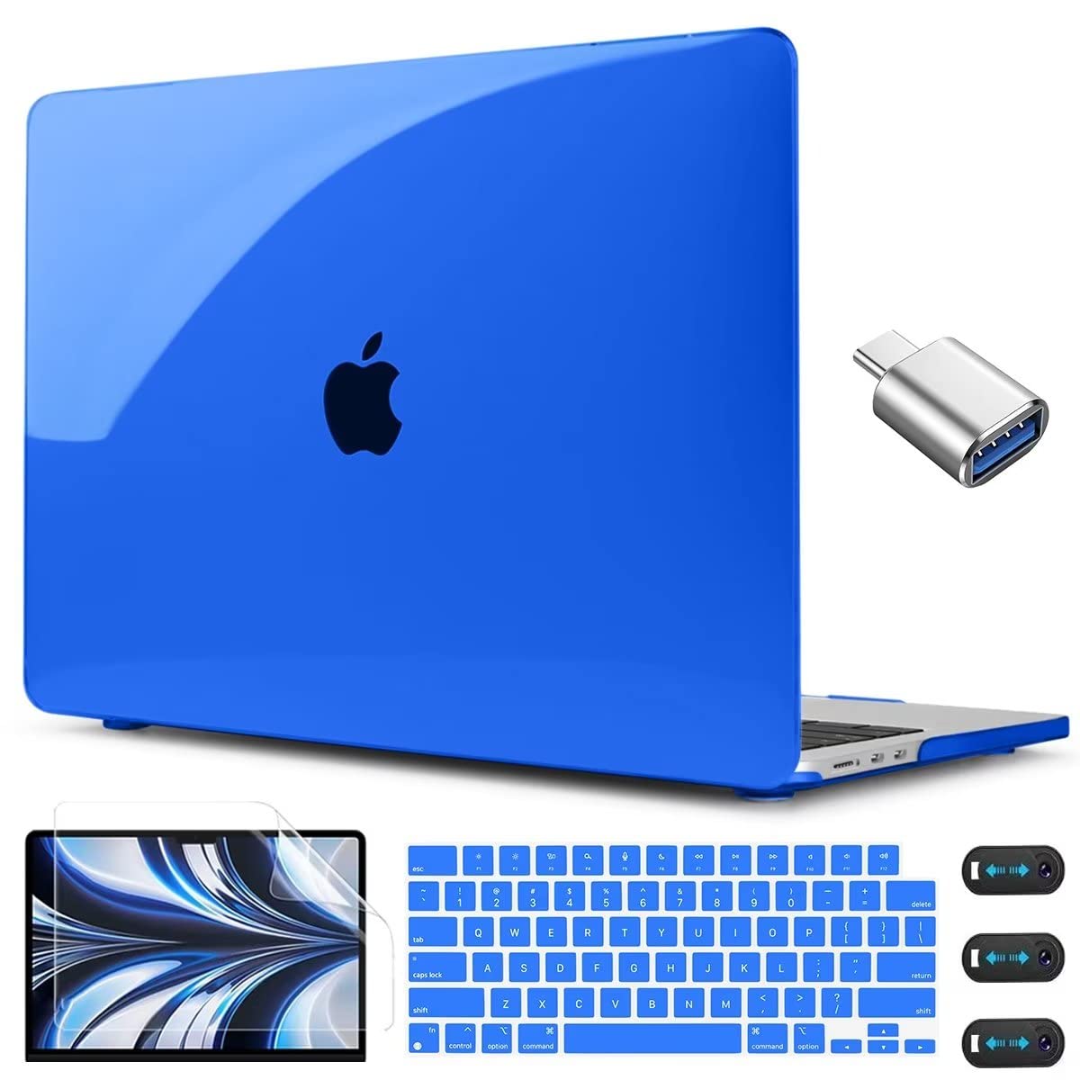 CISSOOK Funda compatible con MacBook Air de 13.6 pulgadas, modelo A2681 M2 con chip Touch ID, funda rígida para portátil con cubierta de teclado + adaptador USB C a USB para Air 13.6 M2 2022, azul