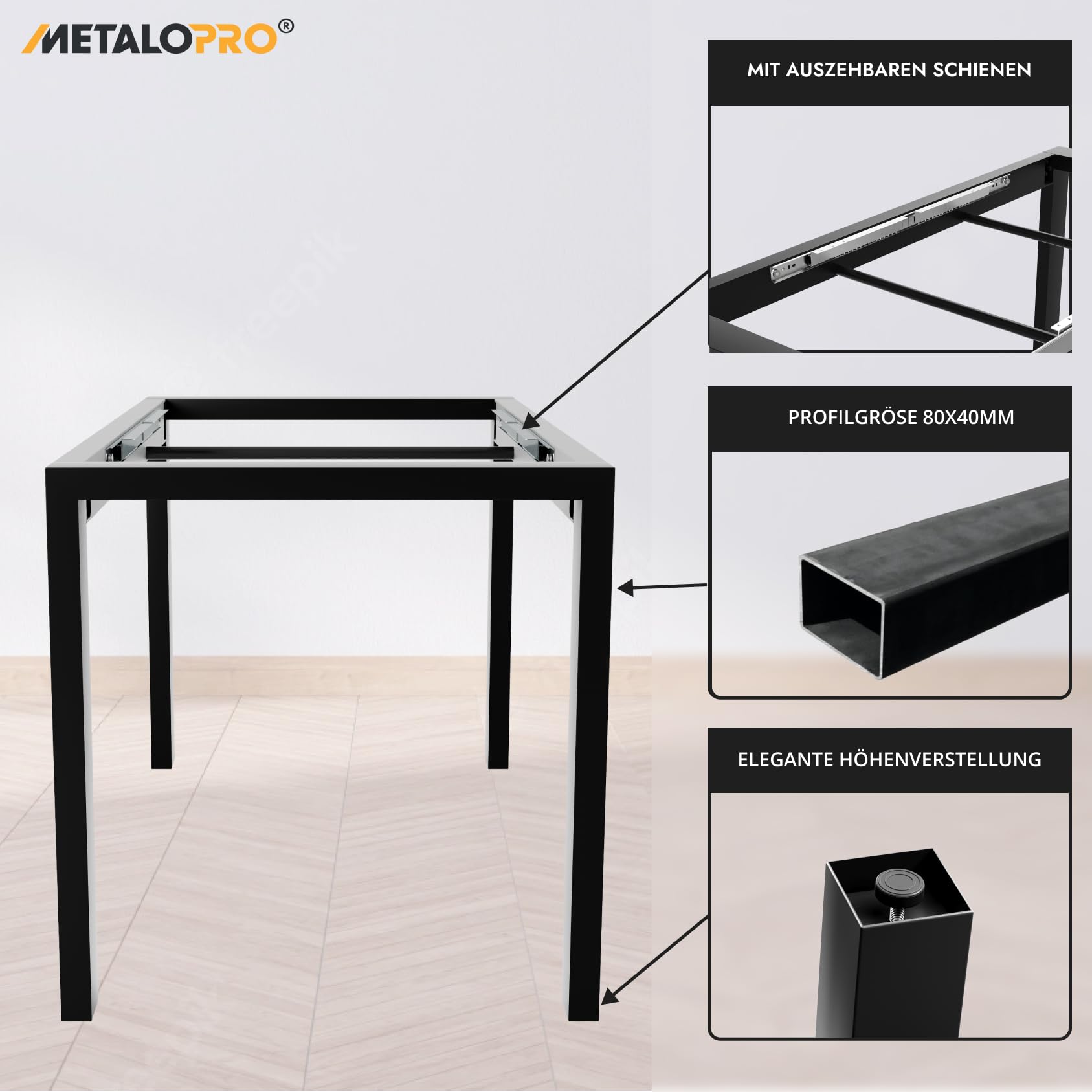 Estructura de Mesa Extensible, 140 x 70 x 72 cm, Estable y Resistente, Para Comedor, Patas de Mesa, Patines, Salón y Cocina