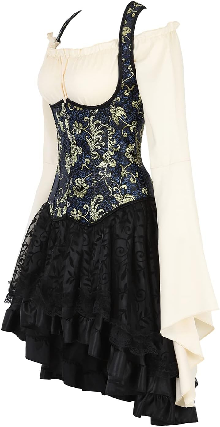 Steampunk Strap Boned Underbust Corset with Skirt and Pirate Blouse Women Carnival Costumes