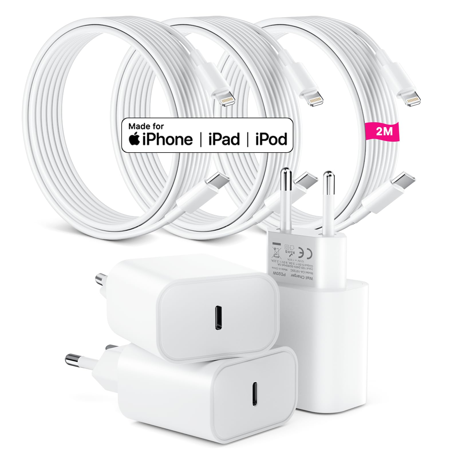 Caricatore i Phone, 3 Pezzi Caricabatterie rapido da 25 W con 2 pezzi 2M Cavo i Phone ad alta velocità,Adatto per i Phone14/13/12/11 pro/pro max/se/x/xr/8/7/6 p(i Phone 11/12/13/14 25W)